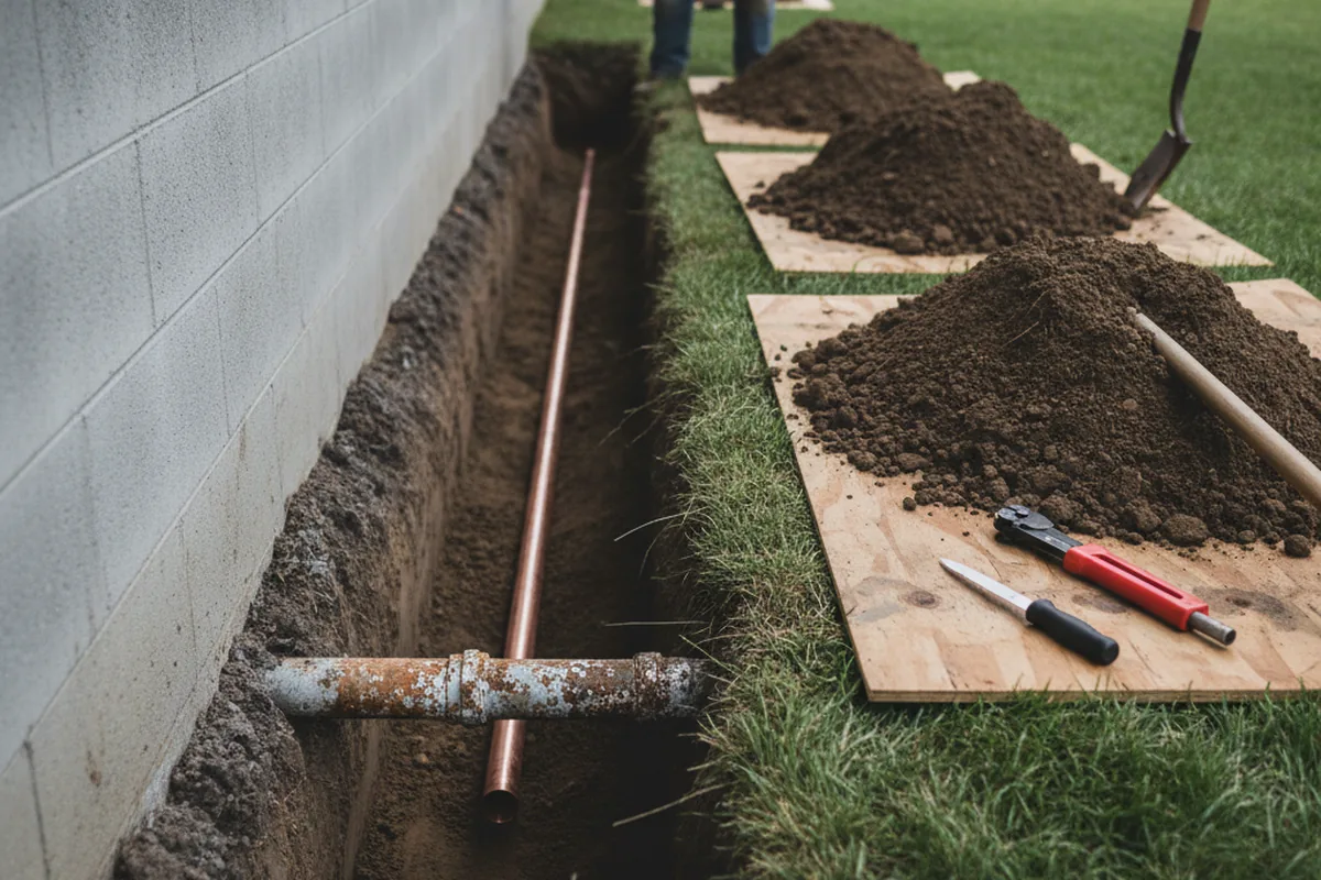 Excavated water line trench during Sewer Line Repair in Herod